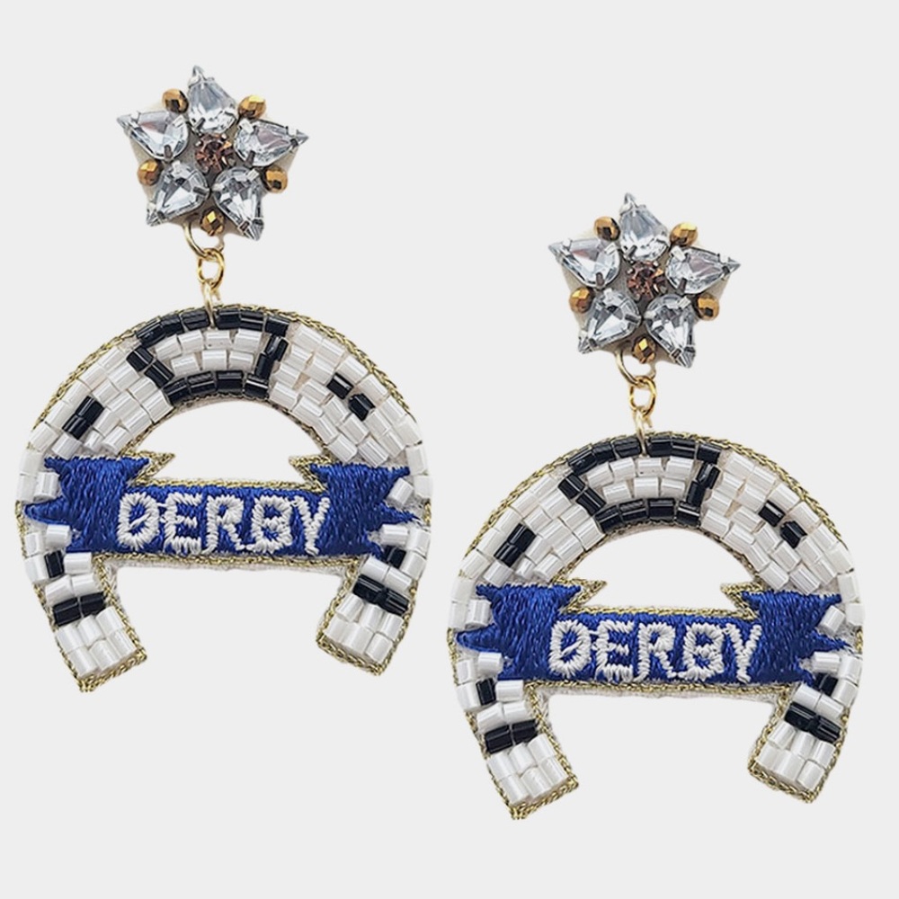 • Felt Back Seed Beaded Derby Horseshoe Dangle Earrings